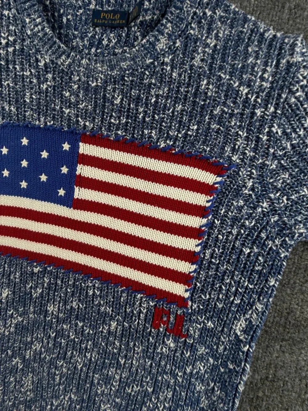 Polo Ralph Lauren XS Speckled USA Flag Chunky Knit Graphic Crew Neck Pullover